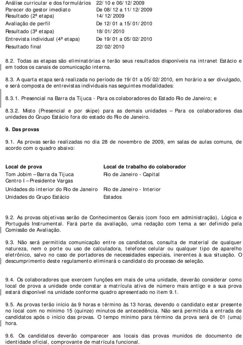 8.3. A quarta etapa será realizada no período de 19/01 a 05/02/2010, em horário a ser divulgado, e será composta de entrevistas individuais nas seguintes modalidades: 8.3.1. Presencial na Barra da Tijuca - Para os colaboradores do Estado Rio de Janeiro; e 8.