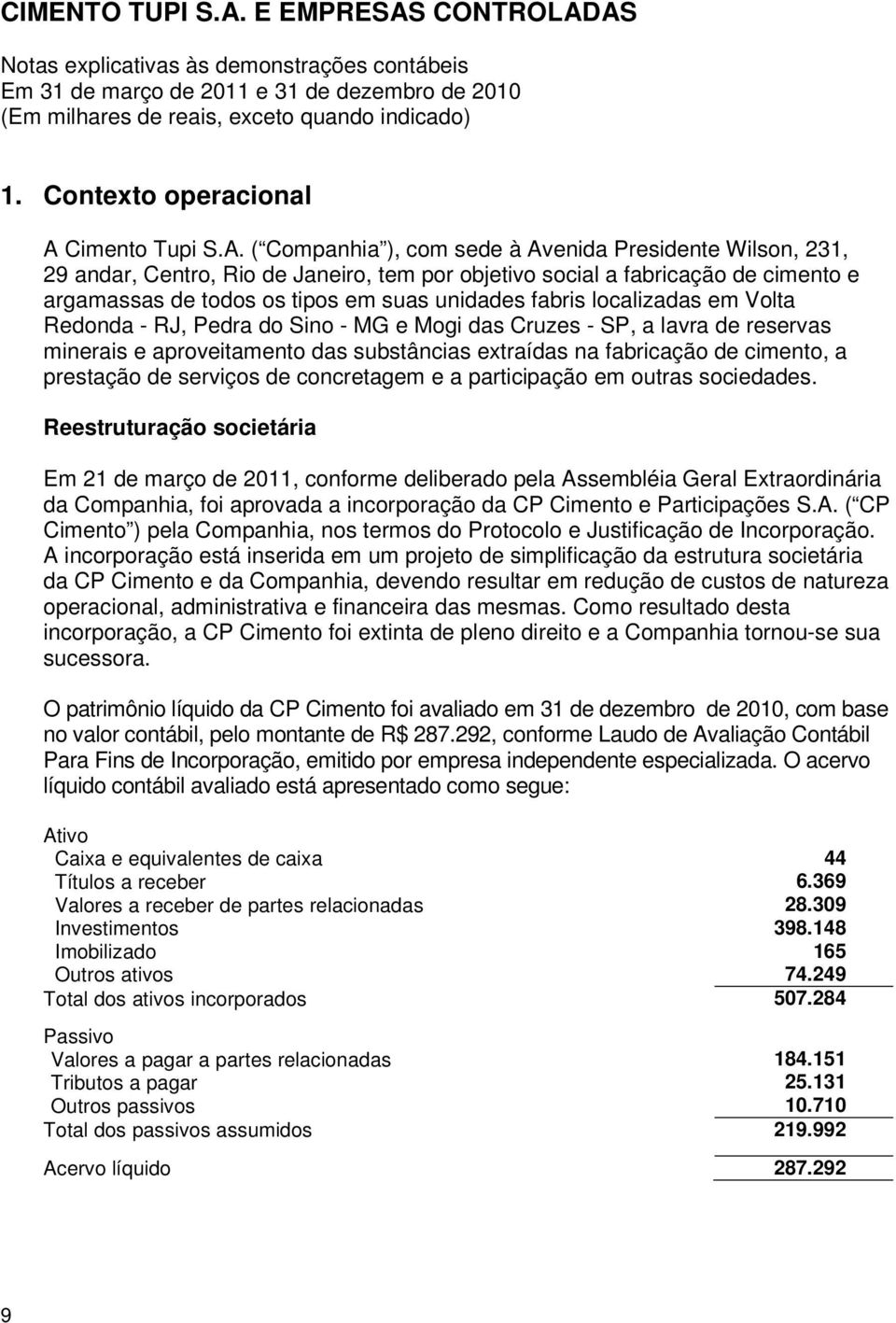 ( Companhia ), com sede à Avenida Presidente Wilson, 231, 29 andar, Centro, Rio de Janeiro, tem por objetivo social a fabricação de cimento e argamassas de todos os tipos em suas unidades fabris