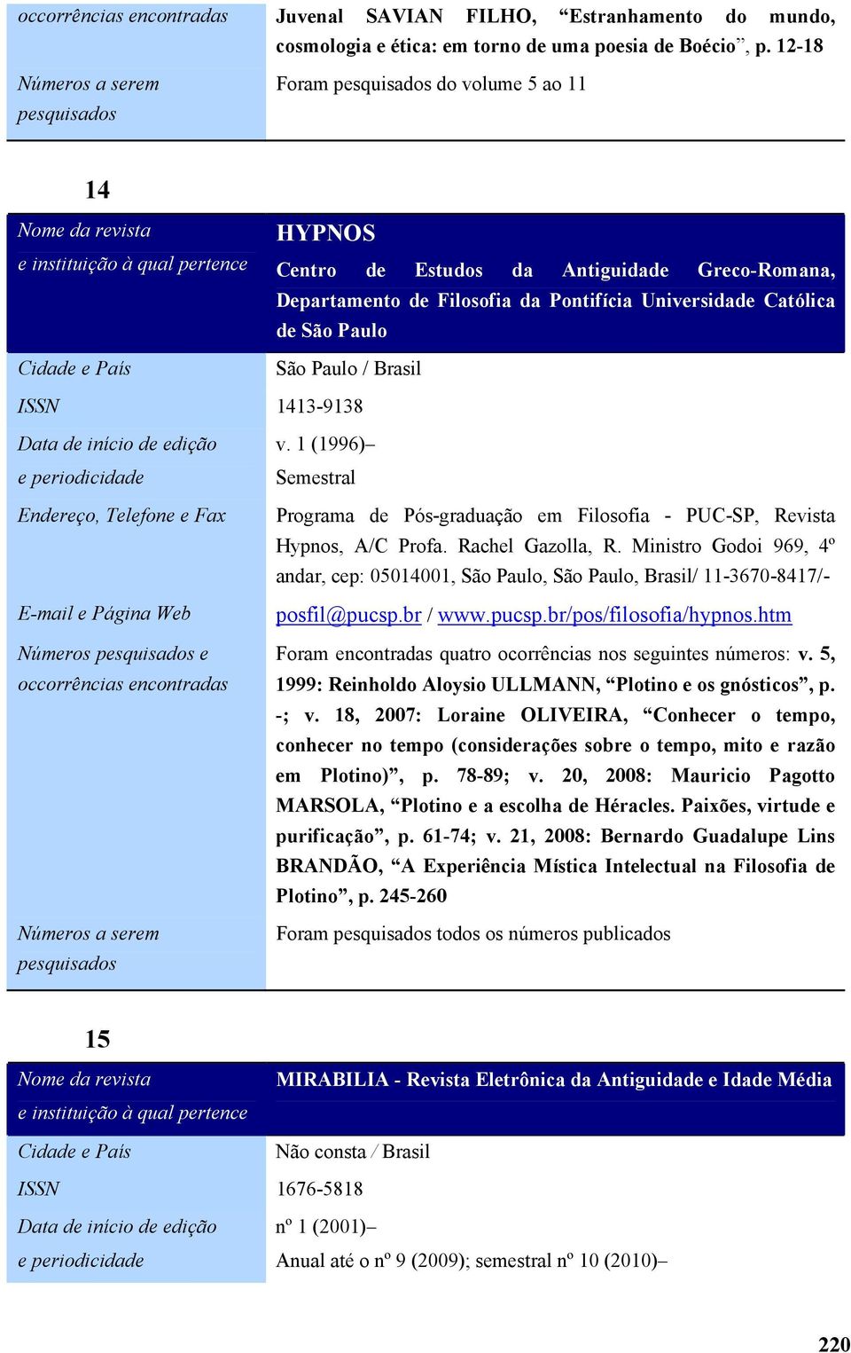 Ministro Godoi 969 4º andar cep: 05014001 São Paulo São Paulo Brasil/ 1136708417/ posfil@pucsp.br / www.pucsp.br/pos/filosofia/hypnos.