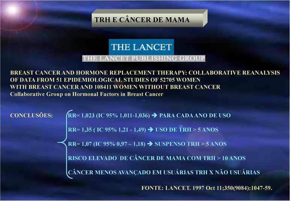 1,011-1,036) PARA CADA ANO DE USO RR= 1,35 ( IC 95% 1,21-1,49) USO DE TRH > 5 ANOS RR= 1,07 (IC 95% 0,97 1,18) SUSPENSO TRH > 5 ANOS RISCO