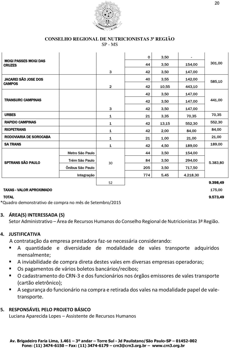 21 1,00 21,00 21,00 SA TRANS 1 42 4,50 189,00 189,00 SPTRANS SÃO PAULO Metro São Paulo 44 3,50 154,00 Trêm São Paulo 30 84 3,50 294,00 Ônibus São Paulo 205 3,50 717,50 Integração 774 5,45 4.218,30 5.