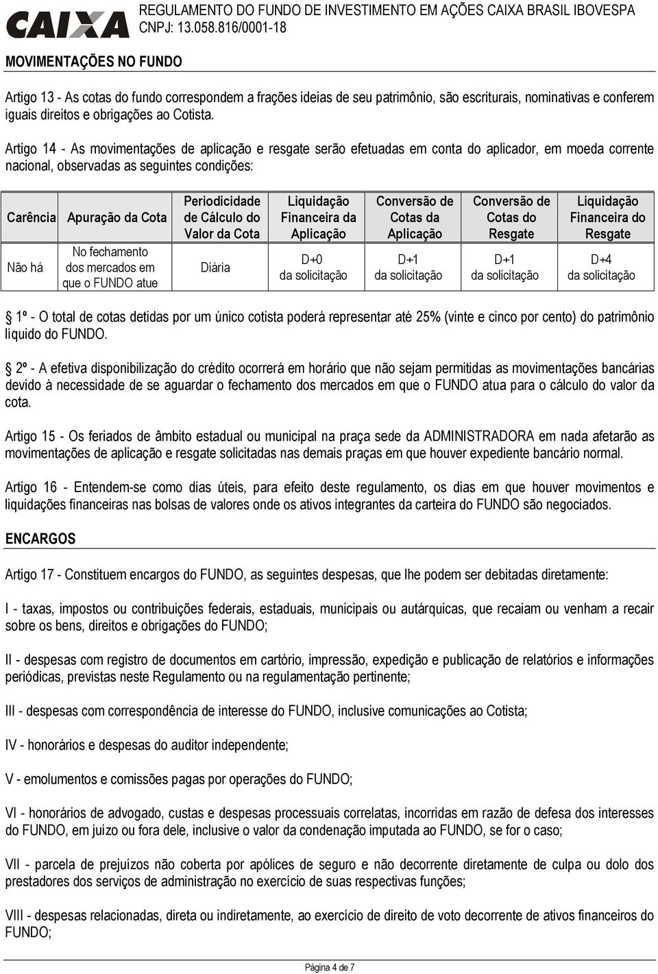 Artigo 14 - As movimentações de aplicação e resgate serão efetuadas em conta do aplicador, em moeda corrente nacional, observadas as seguintes condições: Carência Apuração da Cota Não há No