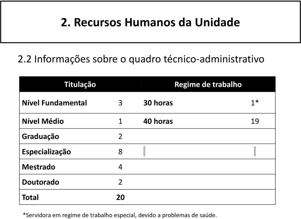 trabalho Nível Fundamental 3 30 horas 1* Nível Médio 1 40 horas 19