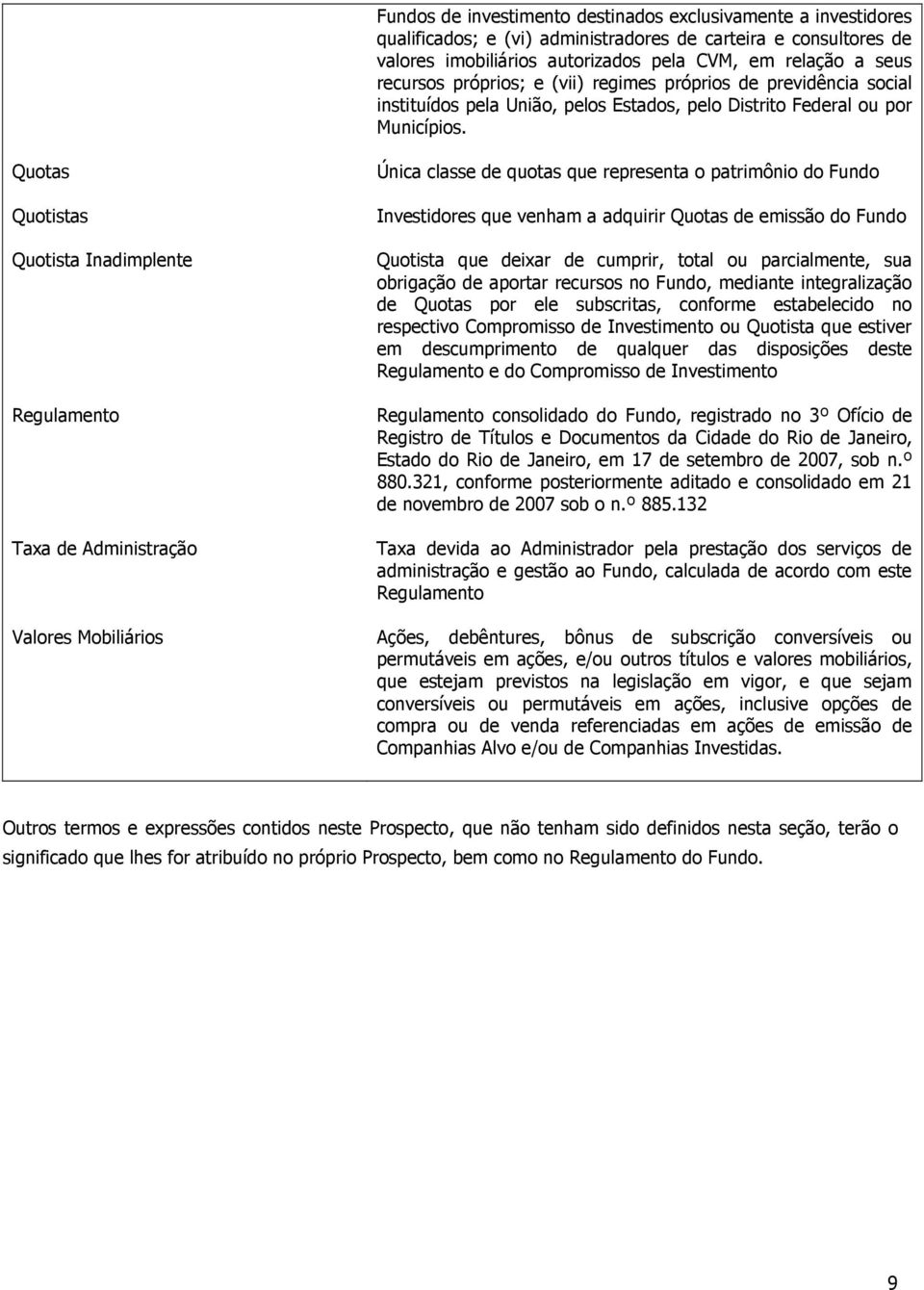 Quotas Quotistas Quotista Inadimplente Regulamento Taxa de Administração Valores Mobiliários Única classe de quotas que representa o patrimônio do Fundo Investidores que venham a adquirir Quotas de