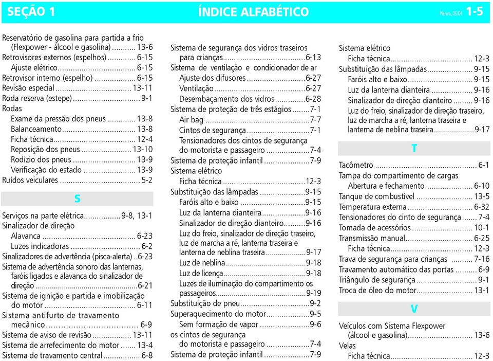 .. 13-10 Rdízi ds pneus... 13-9 Verificaçã d estad... 13-9 Ruíds veiculares... 5-2 S Serviçs na parte elétrica...9-8, 13-1 Sinalizadr de direçã Alavanca... 6-23 Luzes indicadras.