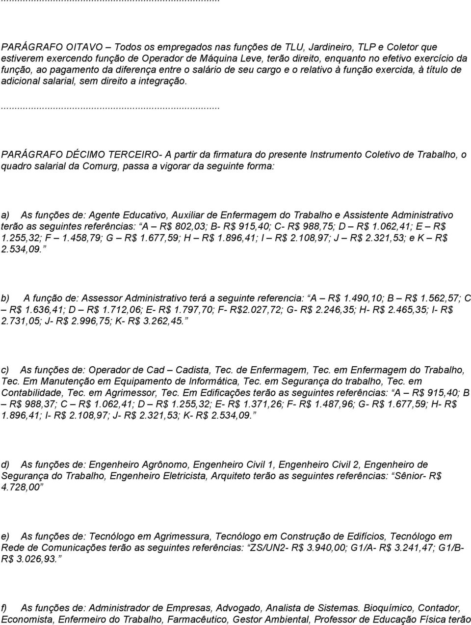 ... PARÁGRAFO DÉCIMO TERCEIRO- A partir da firmatura do presente Instrumento Coletivo de Trabalho, o quadro salarial da Comurg, passa a vigorar da seguinte forma: a) As funções de: Agente Educativo,