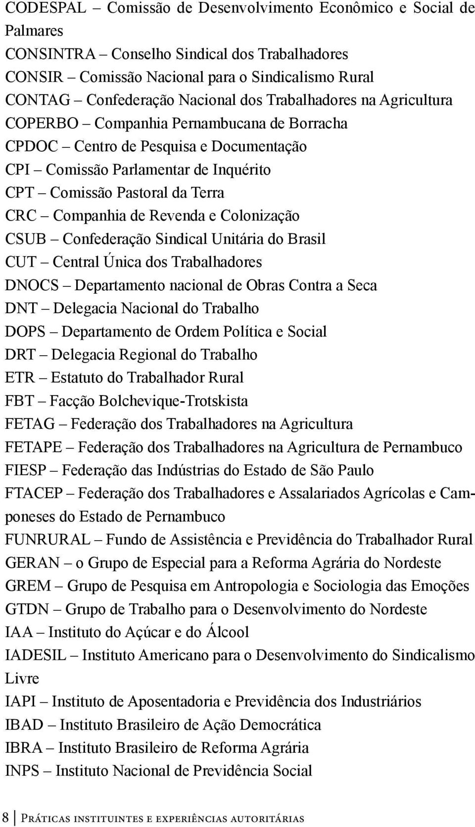 Revenda e Colonização CSUB Confederação Sindical Unitária do Brasil CUT Central Única dos Trabalhadores DNOCS Departamento nacional de Obras Contra a Seca DNT Delegacia Nacional do Trabalho DOPS