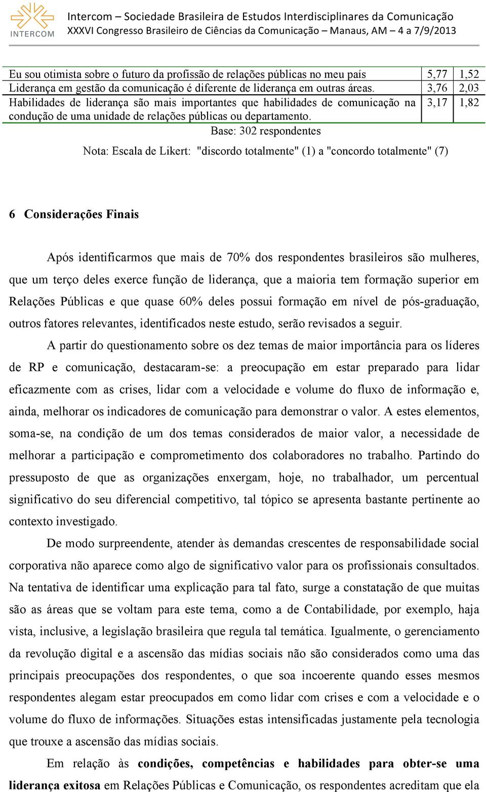 Base: 302 respondentes Nota: Escala de Likert: "discordo totalmente" (1) a "concordo totalmente" (7) 6 Considerações Finais Após identificarmos que mais de 70% dos respondentes brasileiros são