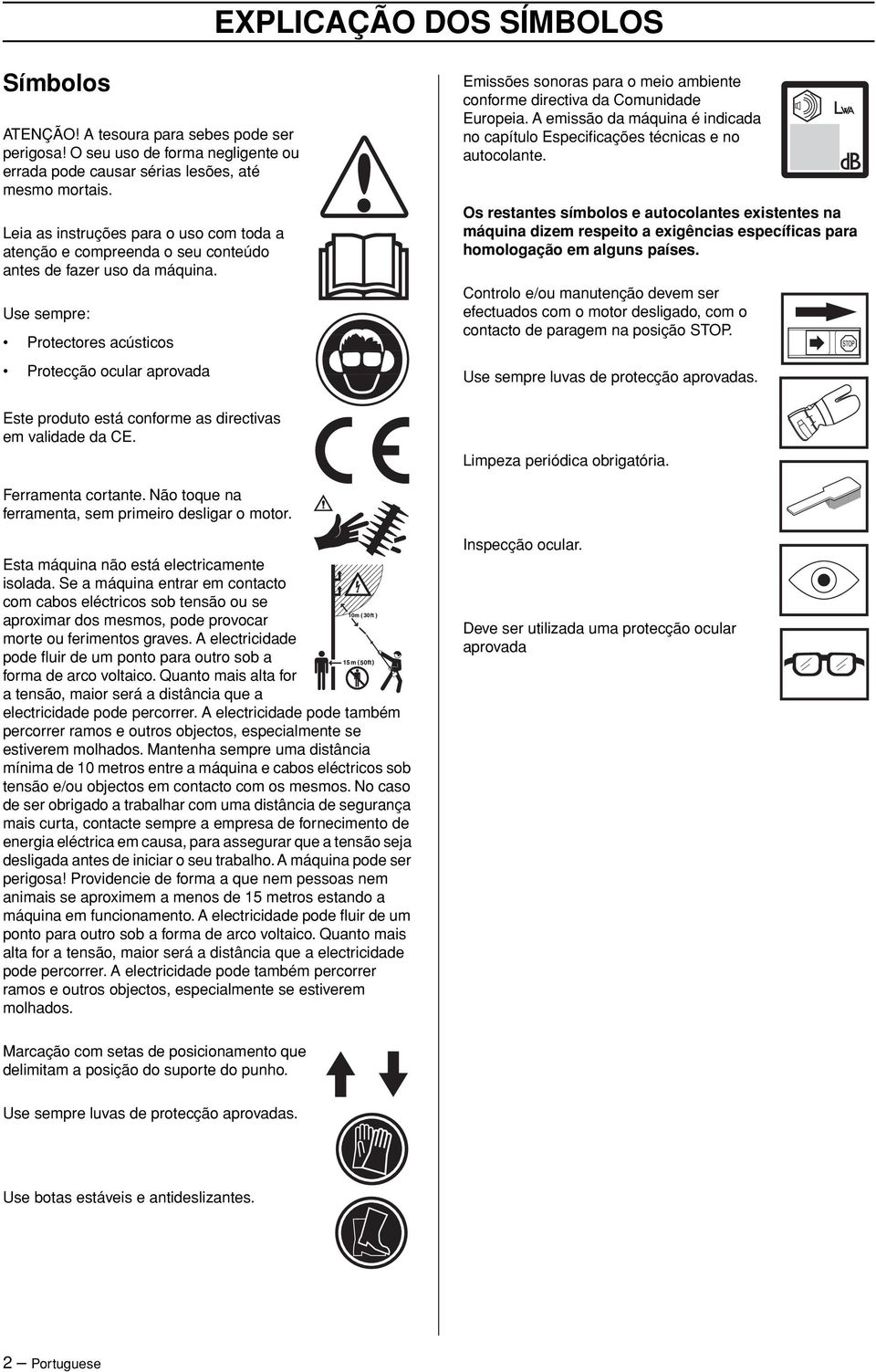 Use sempre: Protectores acústicos Protecção ocular aprovada Este produto está conforme as directivas em validade da CE. Emissões sonoras para o meio ambiente conforme directiva da Comunidade Europeia.