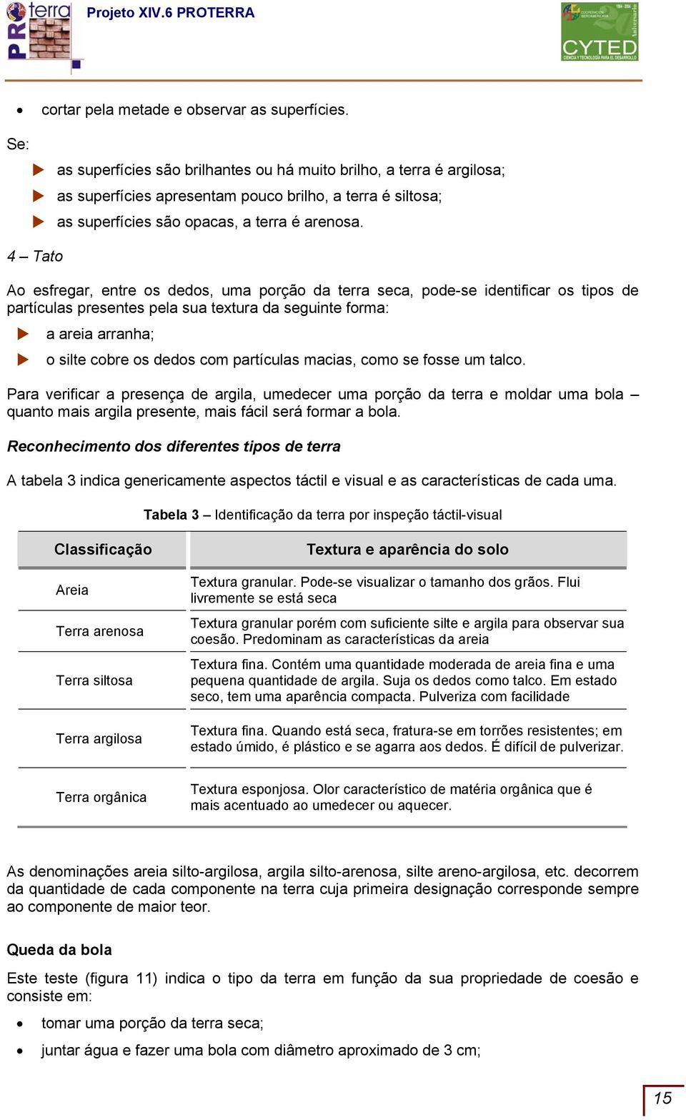 4 Tato Ao esfregar, entre os dedos, uma porção da terra seca, pode-se identificar os tipos de partículas presentes pela sua textura da seguinte forma: a areia arranha; o silte cobre os dedos com