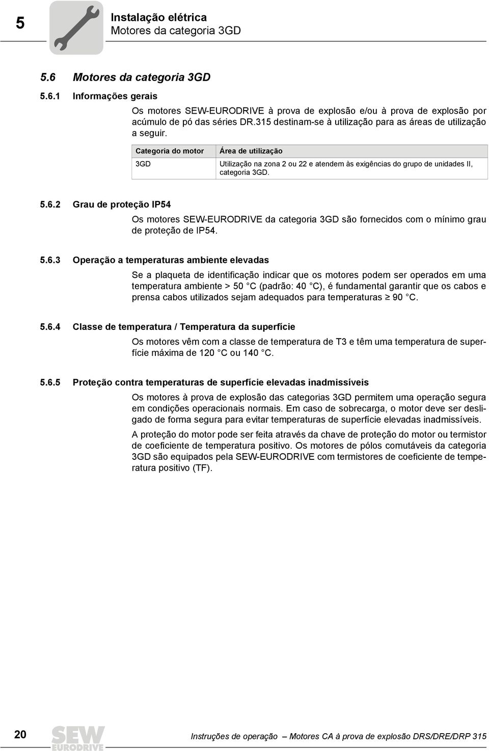 5.6.2 Grau de proteção IP54 Os motores SEW-EURODRIVE da categoria 3GD são fornecidos com o mínimo grau de proteção de IP54. 5.6.3 Operação a temperaturas ambiente elevadas Se a plaqueta de