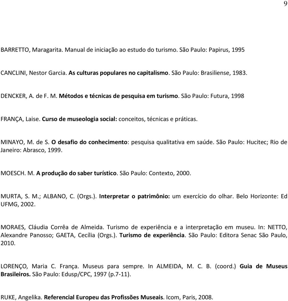 O desafio do conhecimento: pesquisa qualitativa em saúde. São Paulo: Hucitec; Rio de Janeiro: Abrasco, 1999. MOESCH. M. A produção do saber turístico. São Paulo: Contexto, 2000. MURTA, S. M.; ALBANO, C.