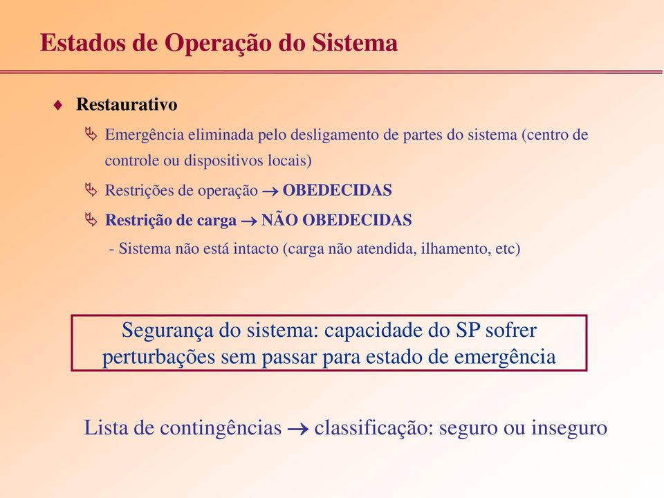 OBEDECIDAS - Sistema não está intacto (carga não atendida, ilhamento, etc) Segurança do sistema: capacidade