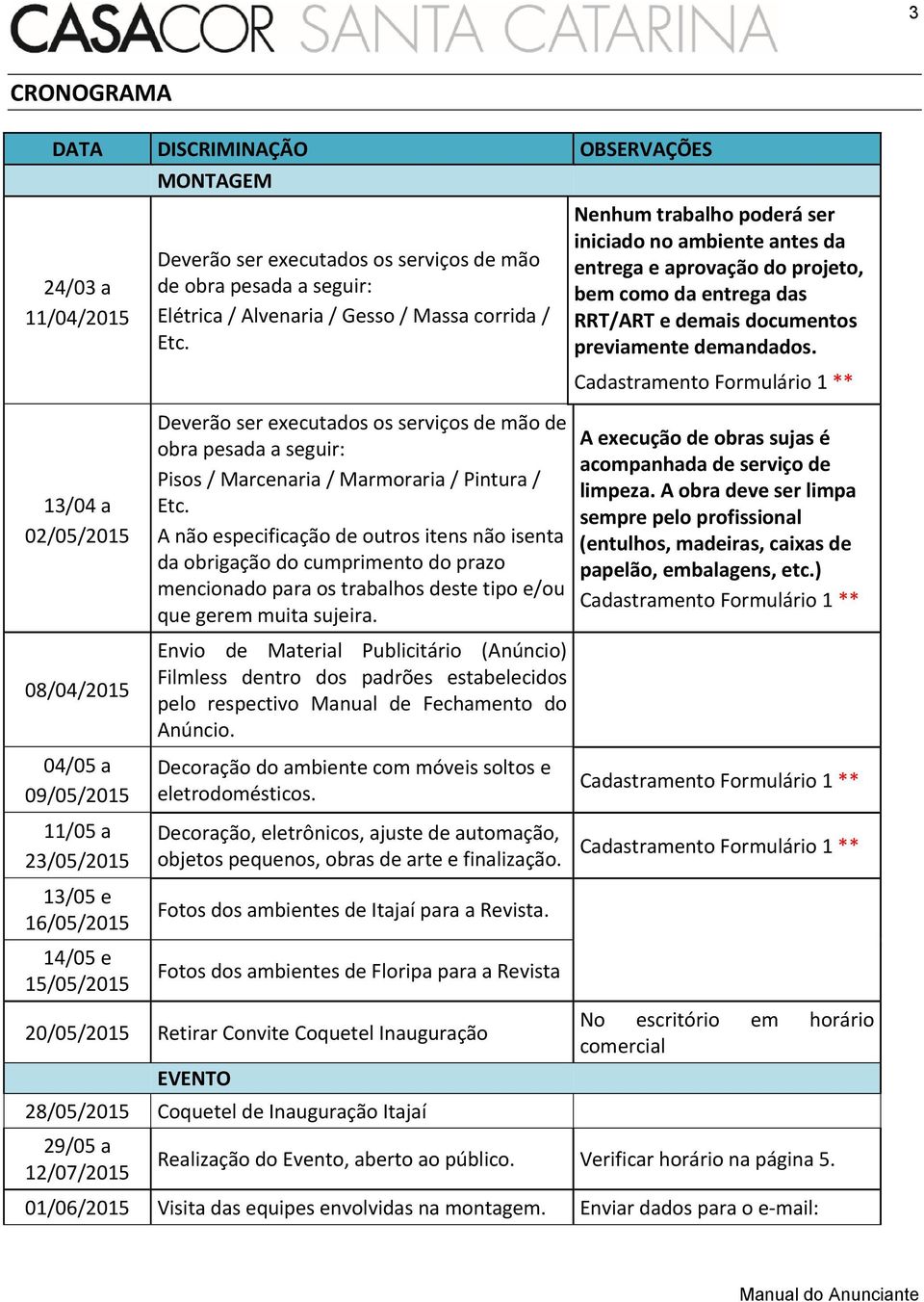 13/04 a 02/05/2015 08/04/2015 Deverão ser executados os serviços de mão de obra pesada a seguir: Pisos / Marcenaria / Marmoraria / Pintura / Etc.