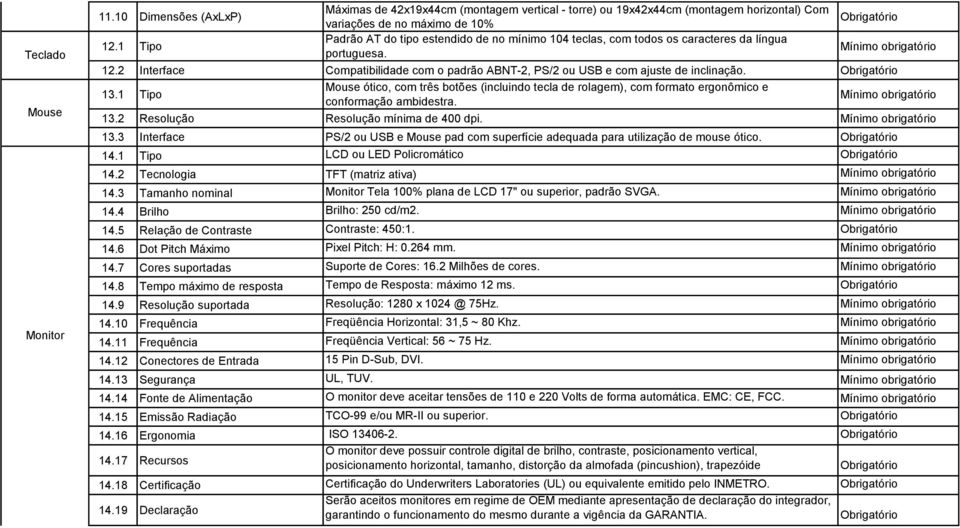 caracteres da língua portuguesa. 12.2 Interface Compatibilidade com o padrão ABNT-2, PS/2 ou USB e com ajuste de inclinação. 13.