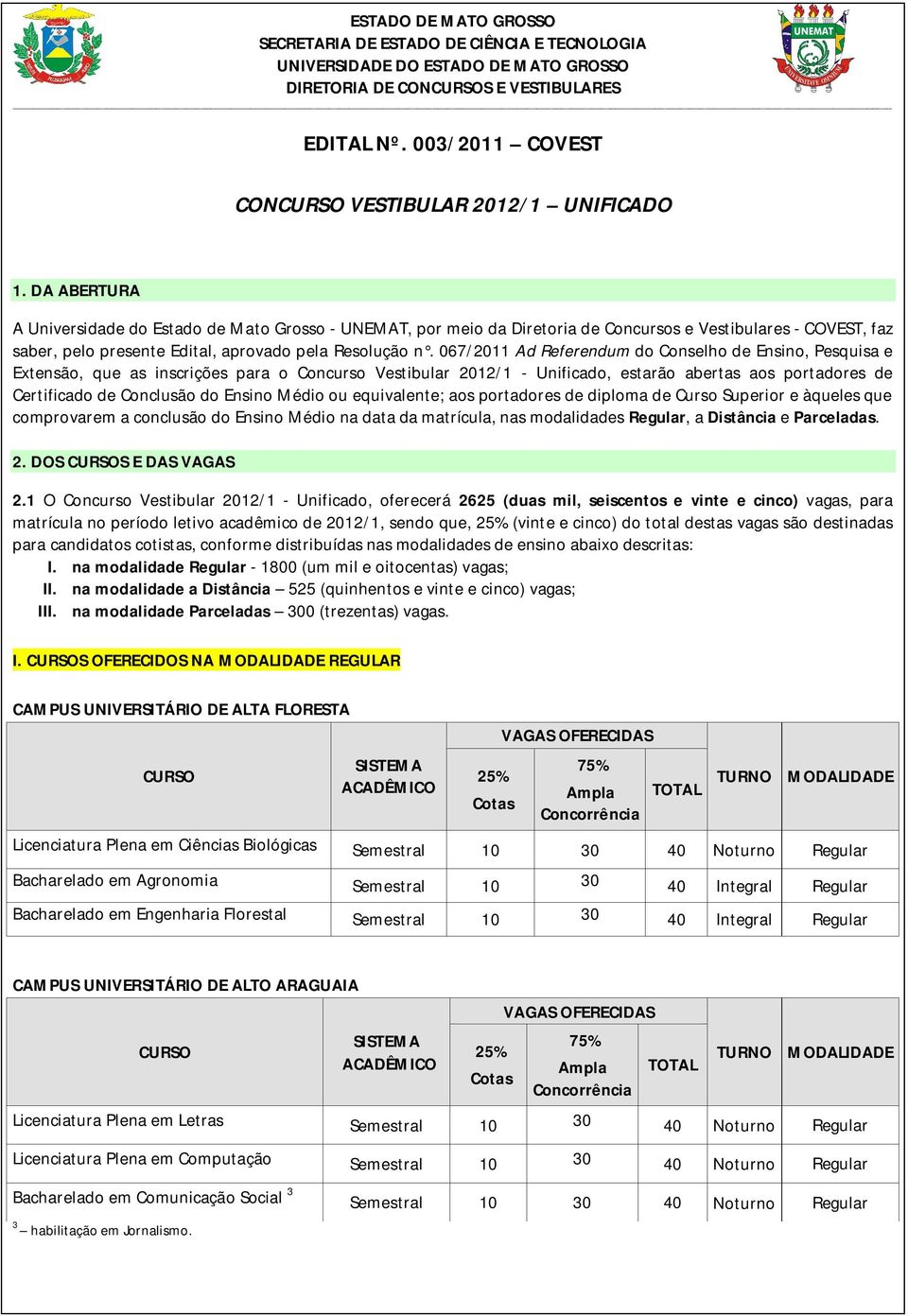 DA ABERTURA A Universidade do Estado de Mato Grosso - UNEMAT, por meio da Diretoria de Concursos e Vestibulares - COVEST, faz saber, pelo presente Edital, aprovado pela Resolução n.