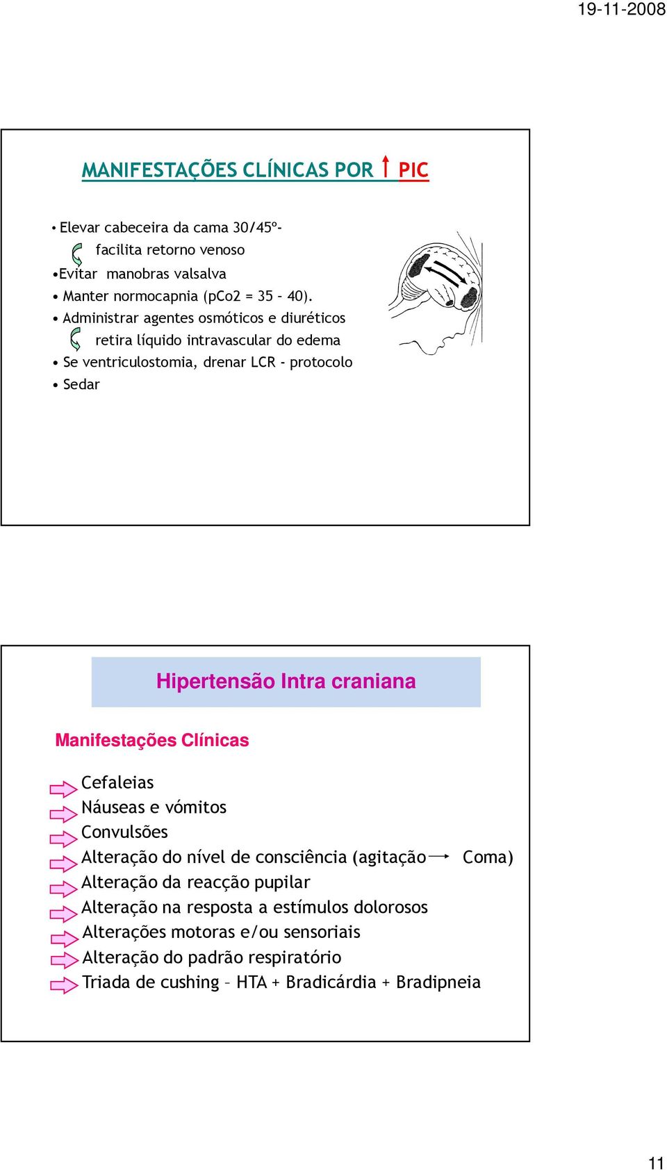 craniana Manifestações Clínicas Cefaleias Náuseas e vómitos Convulsões Alteração do nível de consciência (agitação Coma) Alteração da reacção pupilar