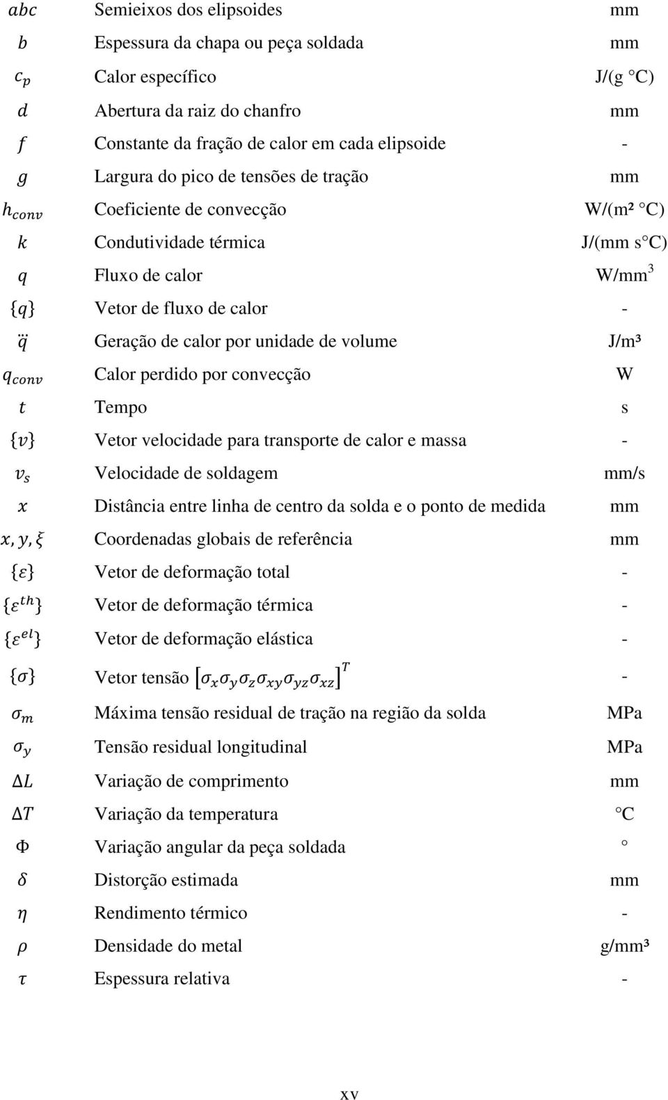 convecção W Tempo s { } Vetor velocidade para transporte de calor e massa - Velocidade de soldagem mm/s Distância entre linha de centro da solda e o ponto de medida mm Coordenadas globais de