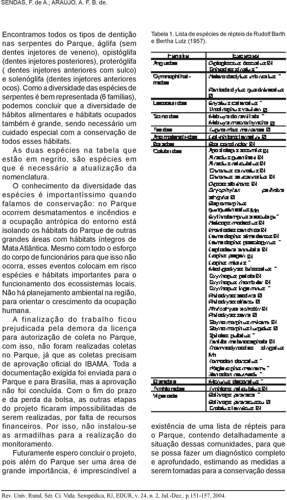 Como a diversidade das espécies de serpentes é bem representada (6 famílias), podemos concluir que a diversidade de hábitos alimentares e hábitats ocupados também é grande, sendo necessário um