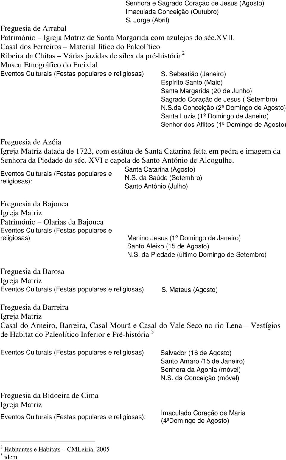 Sebastião (Janeiro) Espírito Santo (Maio) Santa Margarida (20 de Junho) Sagrado Coração de Jesus ( Setembro) N.S.da Conceição (2º Domingo de Agosto) Santa Luzia (1º Domingo de Janeiro) Senhor dos