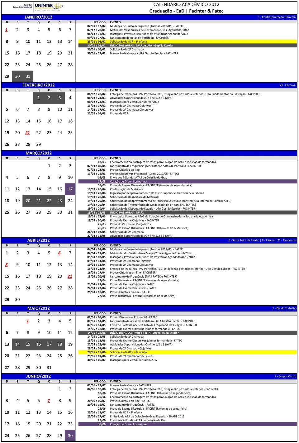 MAF e UTA - Gestão Escolar /0 a 06/02 Solicitação de 2ª Chamada /0 a 7/02 Formação de Grupos - UTA Gestão Escolar - FACINTER 5 6 7 8 9 20 2 - Confraternização Universal 22 23 26 27 FEVEREIRO/202