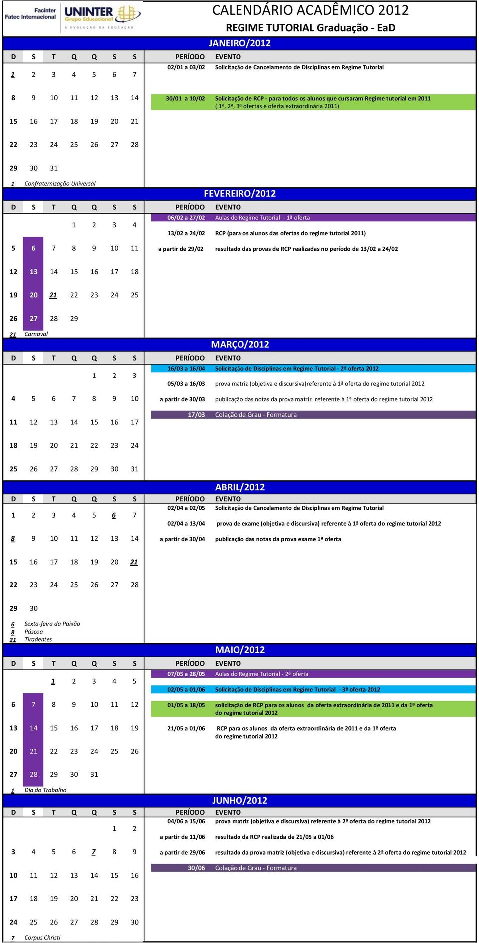 3 4 3/02 a /02 RCP (para os alunos das ofertas do regime tutorial 20) 5 6 7 8 9 0 a partir de 29/02 resultado das provas de RCP realizadas no período de 3/02 a /02 9 20 2 22 23 26 27 29 2 Carnaval