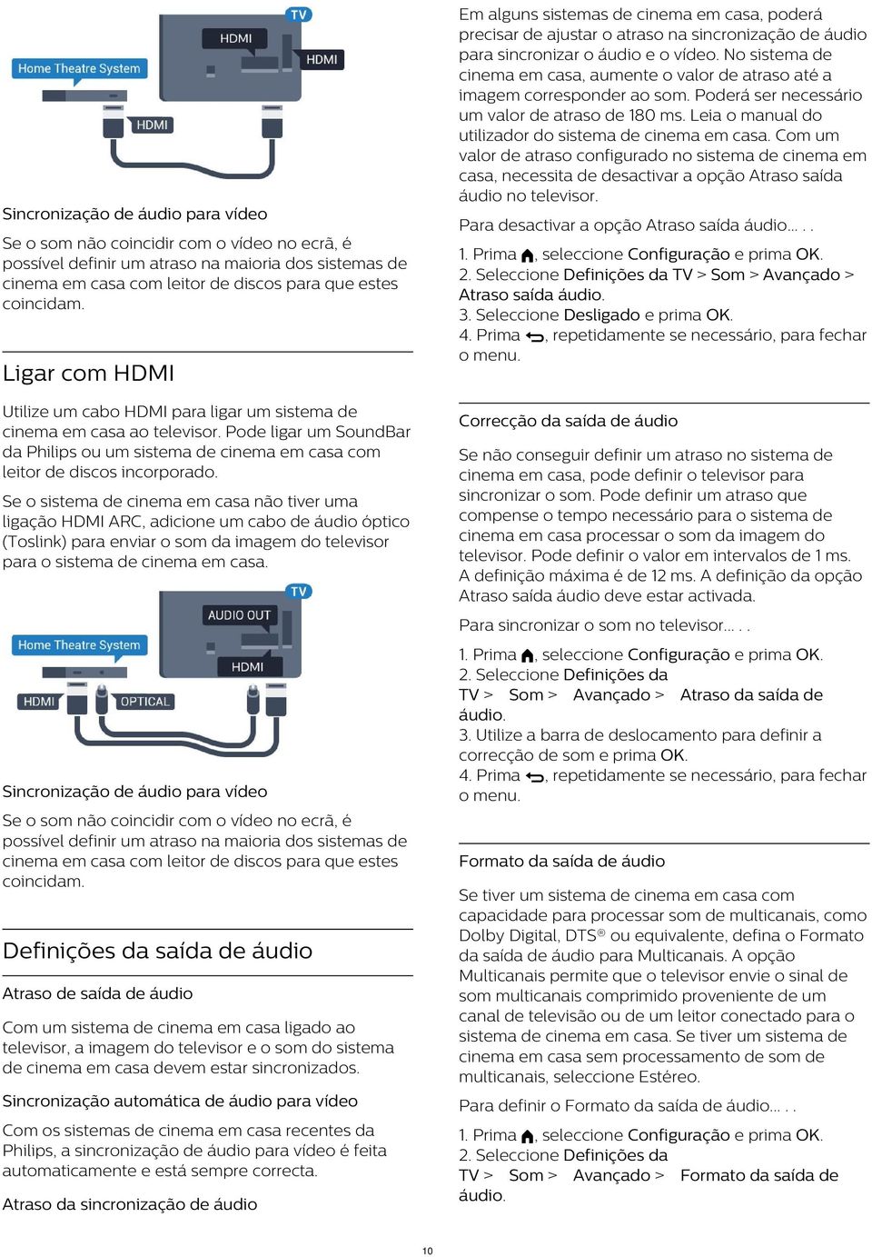 Com um valor de atraso configurado no sistema de cinema em casa, necessita de desactivar a opção Atraso saída áudio no televisor.