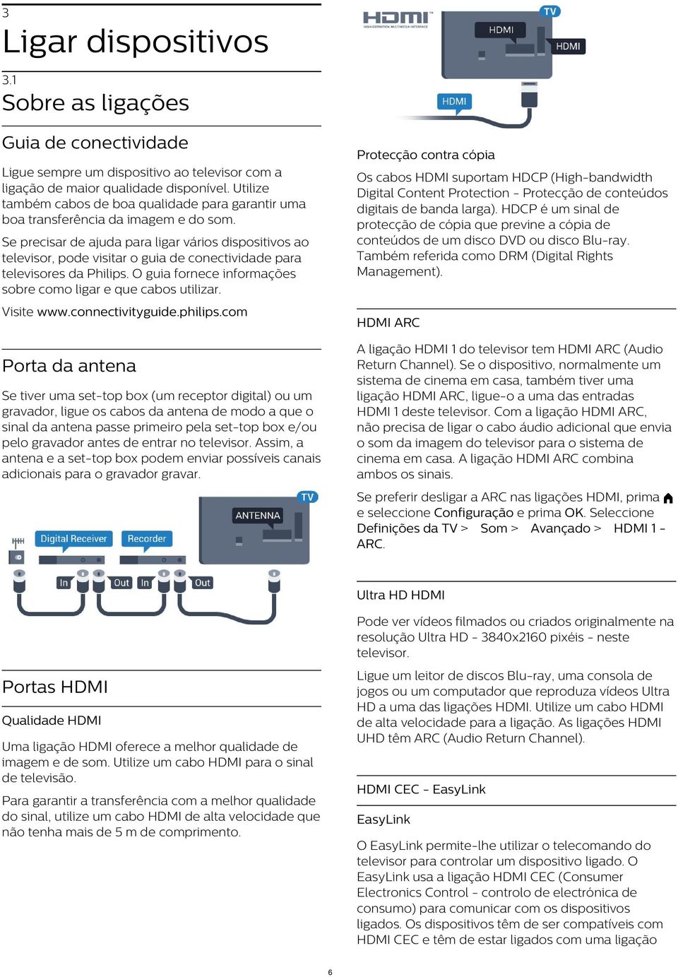 Os cabos HDMI suportam HDCP (High-bandwidth Digital Content Protection - Protecção de conteúdos digitais de banda larga).