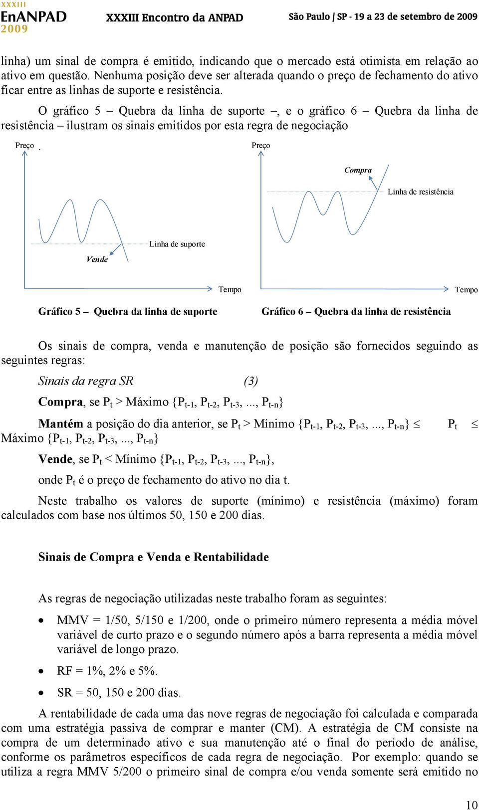 O gráfico 5 Quebra da linha de suporte, e o gráfico 6 Quebra da linha de resistência ilustram os sinais emitidos por esta regra de negociação Preço.