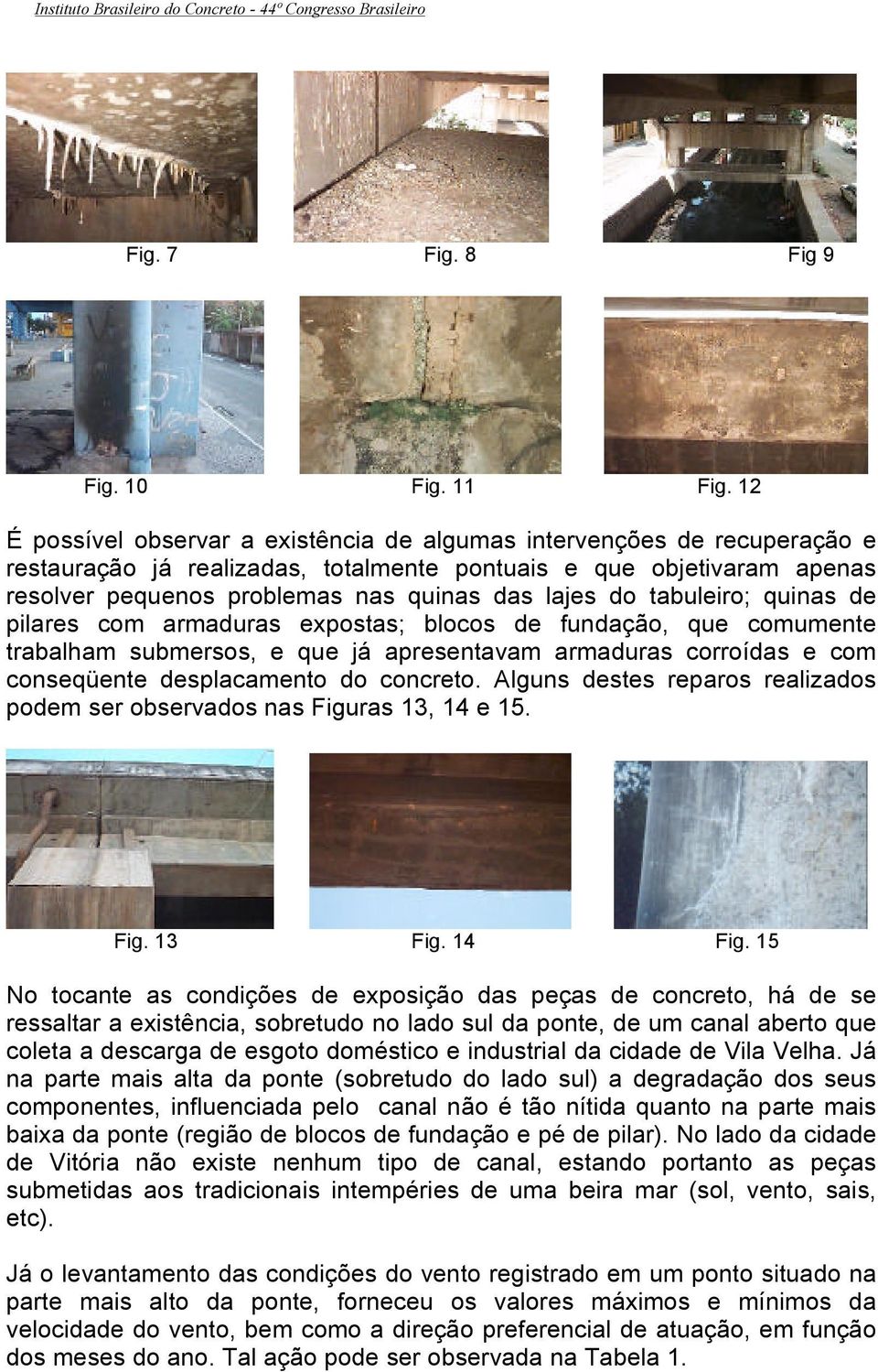 do tabuleiro; quinas de pilares com armaduras expostas; blocos de fundação, que comumente trabalham submersos, e que já apresentavam armaduras corroídas e com conseqüente desplacamento do concreto.