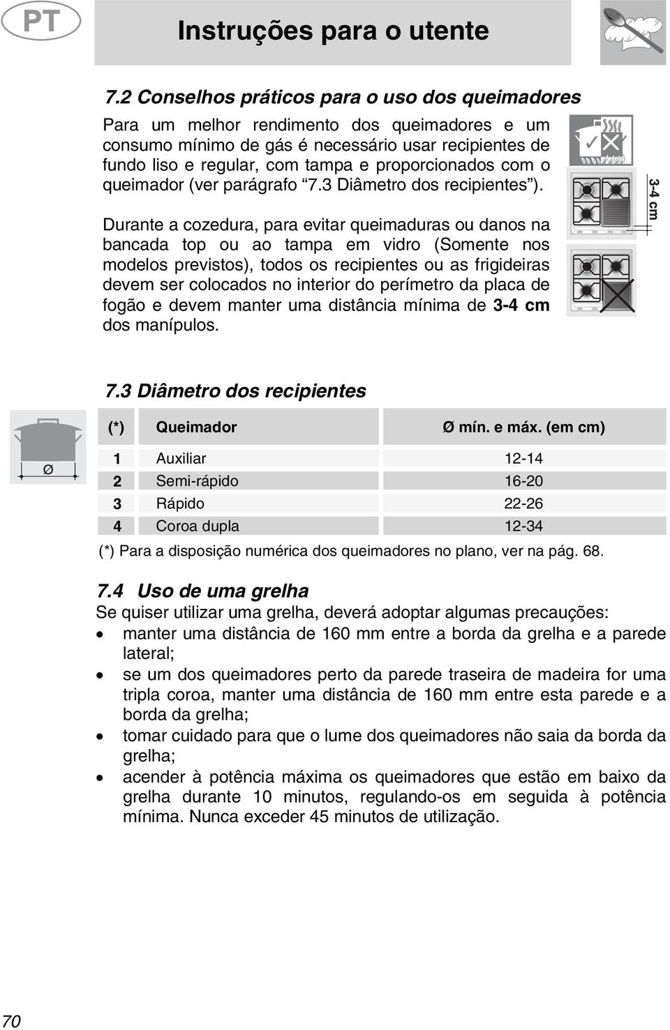 com o queimador (ver parágrafo 7.3 Diâmetro dos recipientes ).