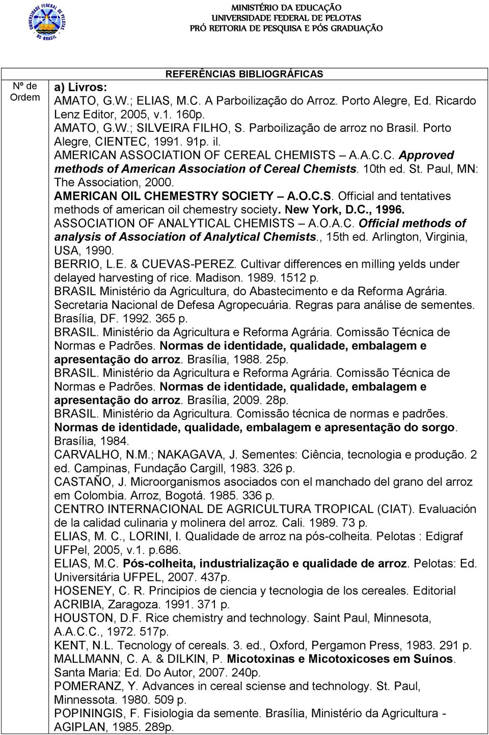 Paul, MN: The Association, 2000. AMERICAN OIL CHEMESTRY SOCIETY A.O.C.S. Official and tentatives methods of american oil chemestry society. New York, D.C., 1996. ASSOCIATION OF ANALYTICAL CHEMISTS A.