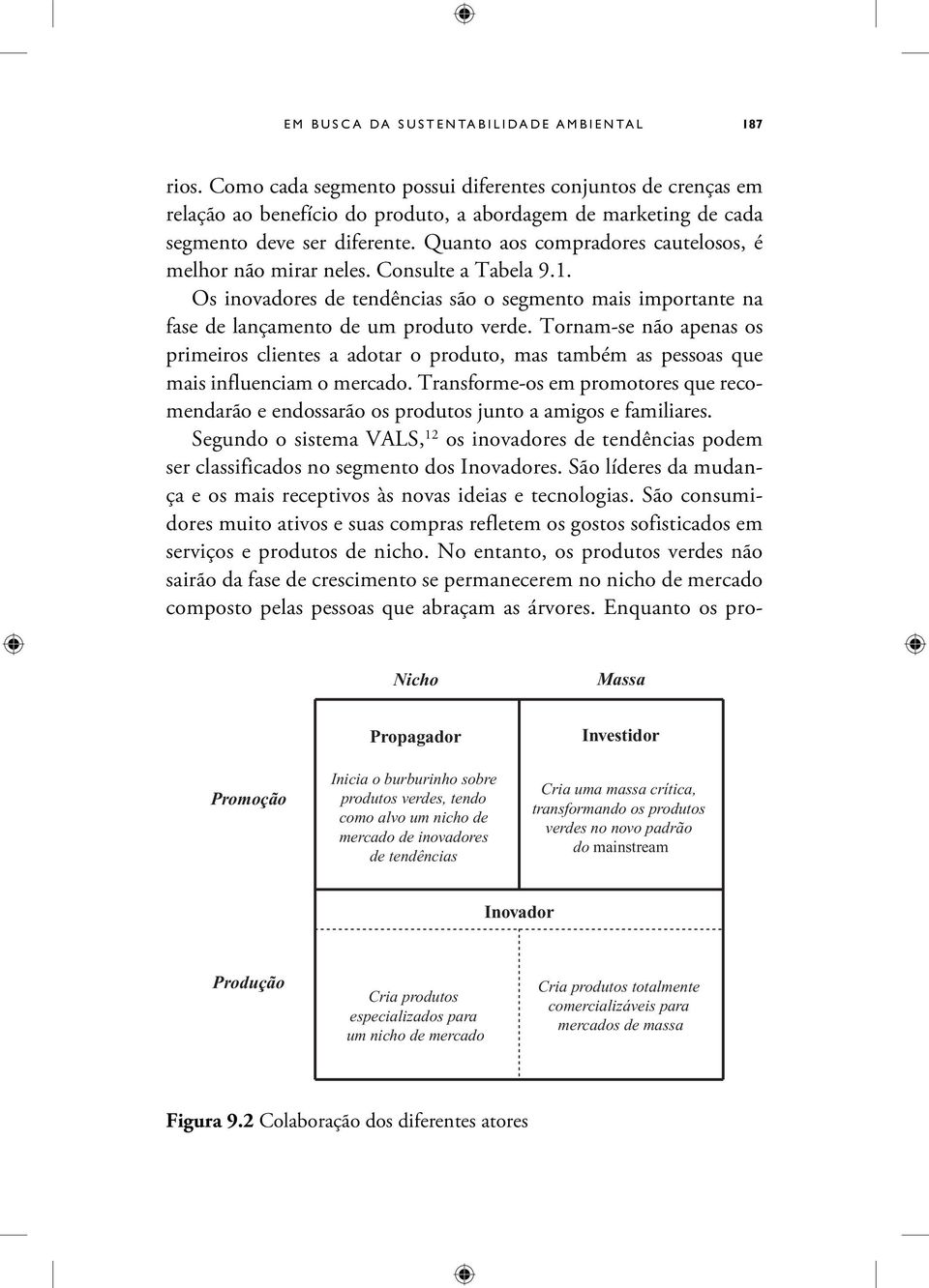 Quanto aos compradores cautelosos, é melhor não mirar neles. Consulte a Tabela 9.1. Os inovadores são o segmento mais importante na fase de lançamento de um produto verde.