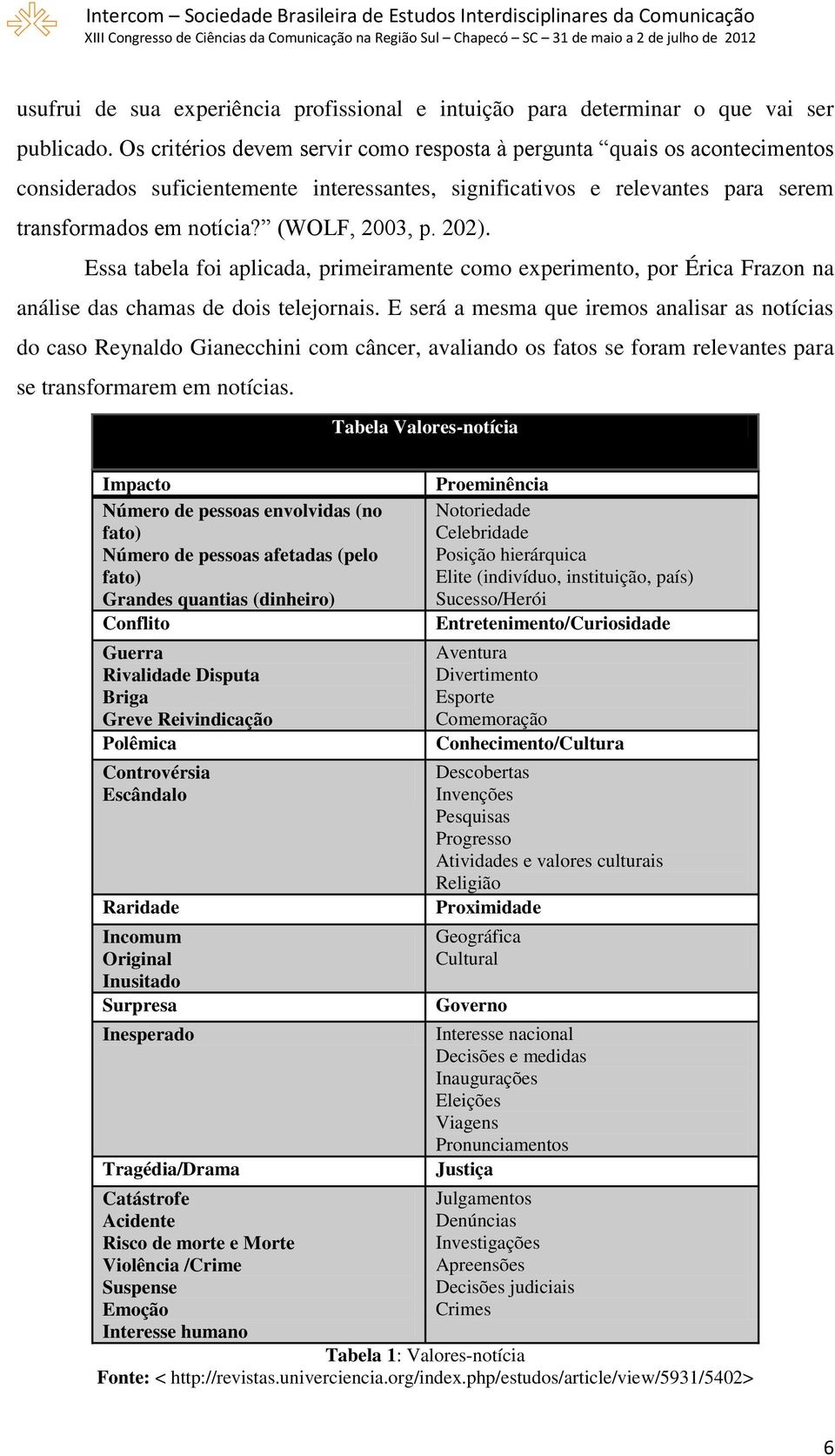 202). Essa tabela foi aplicada, primeiramente como experimento, por Érica Frazon na análise das chamas de dois telejornais.