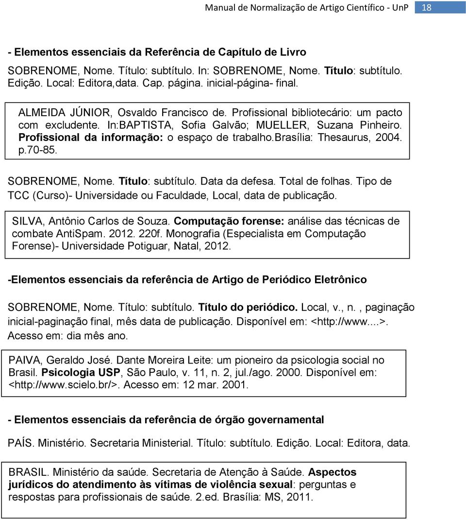 Profissional da informação: o espaço de trabalho.brasília: Thesaurus, 2004. - Elementos essenciais do Trabalho AcadêmicoMonografia p.70-85. SOBRENOME, Nome. Título: subtítulo. Data da defesa.