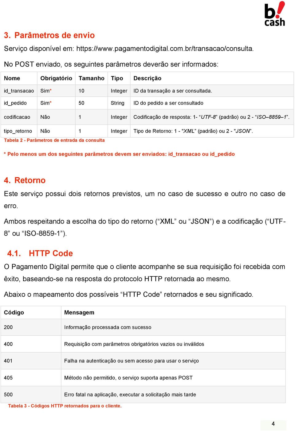 id_pedido Sim* 50 String ID do pedido a ser consultado codificacao Não 1 Integer Codificação de resposta: 1- UTF-8 (padrão) ou 2 - ISO 8859 1.