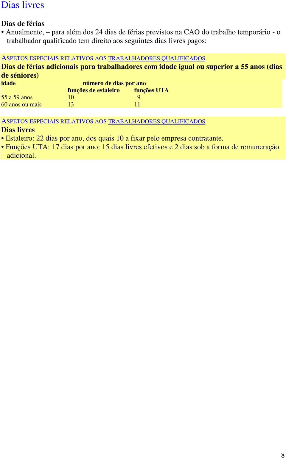 idade número de dias por ano funções de estaleiro 55 a 59 anos 10 9 60 anos ou mais 13 11 funções UTA Dias livres Estaleiro: 22 dias por ano,