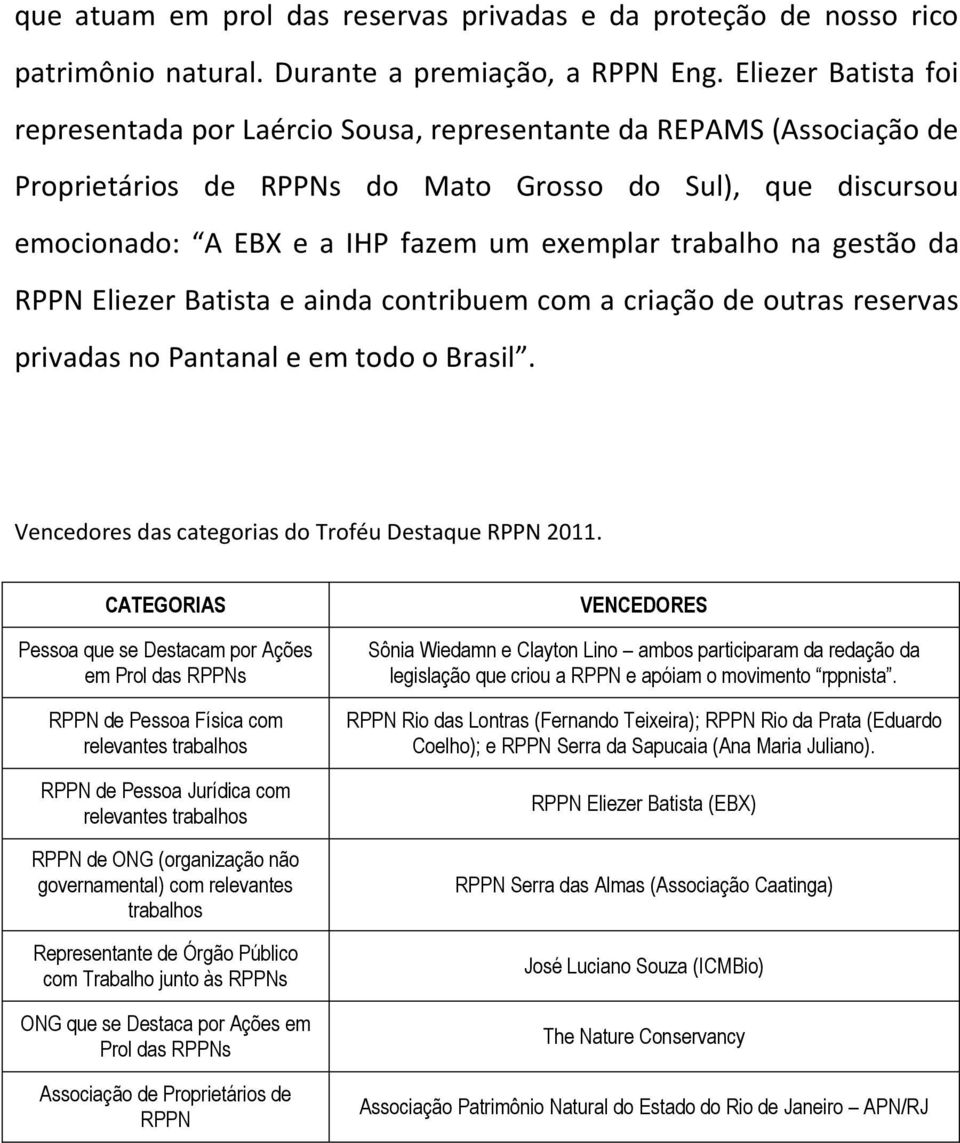 trabalho na gestão da RPPN Eliezer Batista e ainda contribuem com a criação de outras reservas privadas no Pantanal e em todo o Brasil. Vencedores das categorias do Troféu Destaque RPPN 2011.