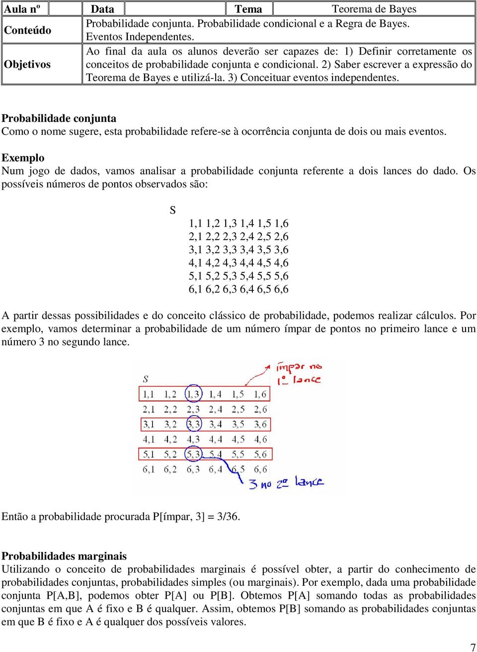 ) Saber escrever a expressão do Teorema de Bayes e utilizá-la. 3) Conceituar eventos independentes.