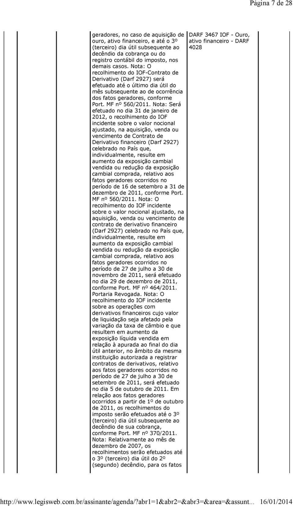 Nota: Será efetuado no dia de janeiro de 2012, o recolhimento do IOF incidente sobre o valor nocional ajustado, na aquisição, venda ou vencimento de Contrato de Derivativo financeiro (Darf 2927)