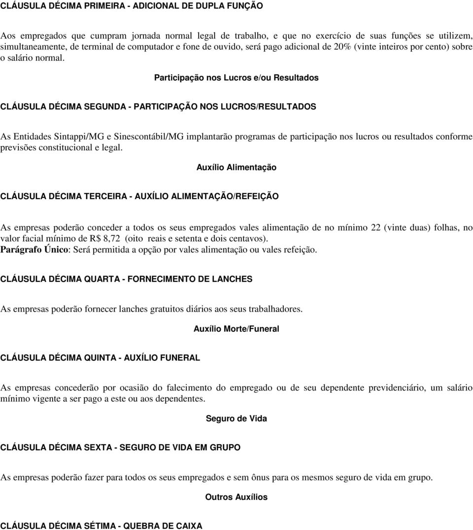 Participação nos Lucros e/ou Resultados CLÁUSULA DÉCIMA SEGUNDA - PARTICIPAÇÃO NOS LUCROS/RESULTADOS As Entidades Sintappi/MG e Sinescontábil/MG implantarão programas de participação nos lucros ou