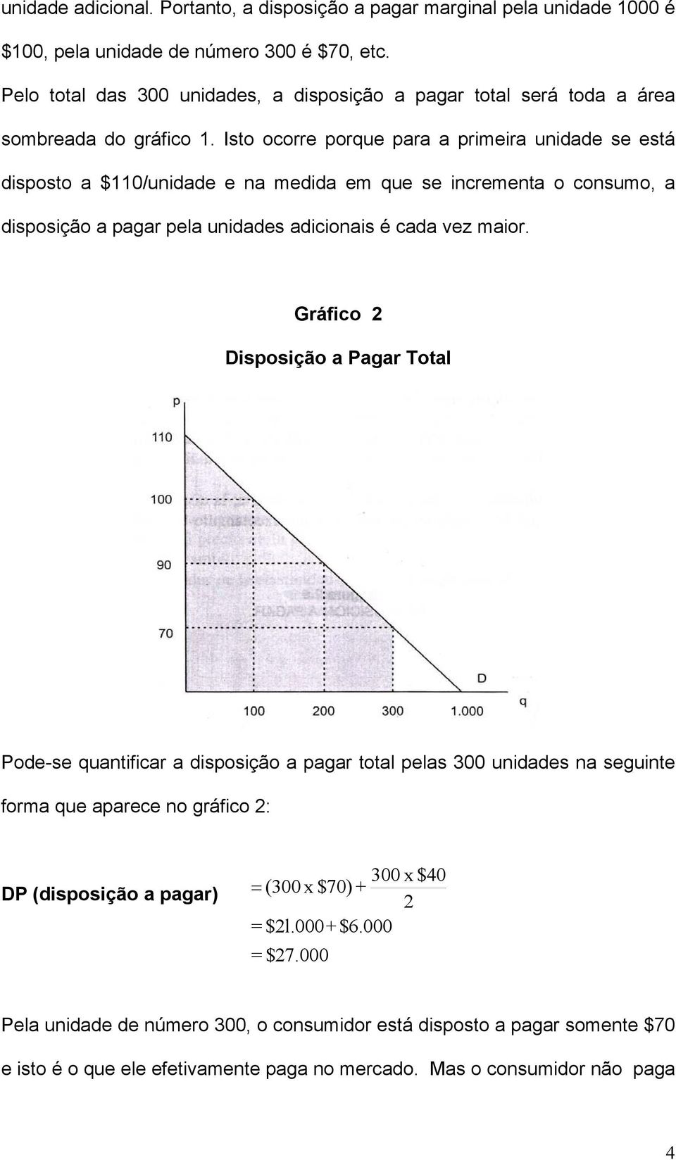 Isto ocorre porque para a primeira unidade se está disposto a $110/unidade e na medida em que se incrementa o consumo, a disposição a pagar pela unidades adicionais é cada vez maior.