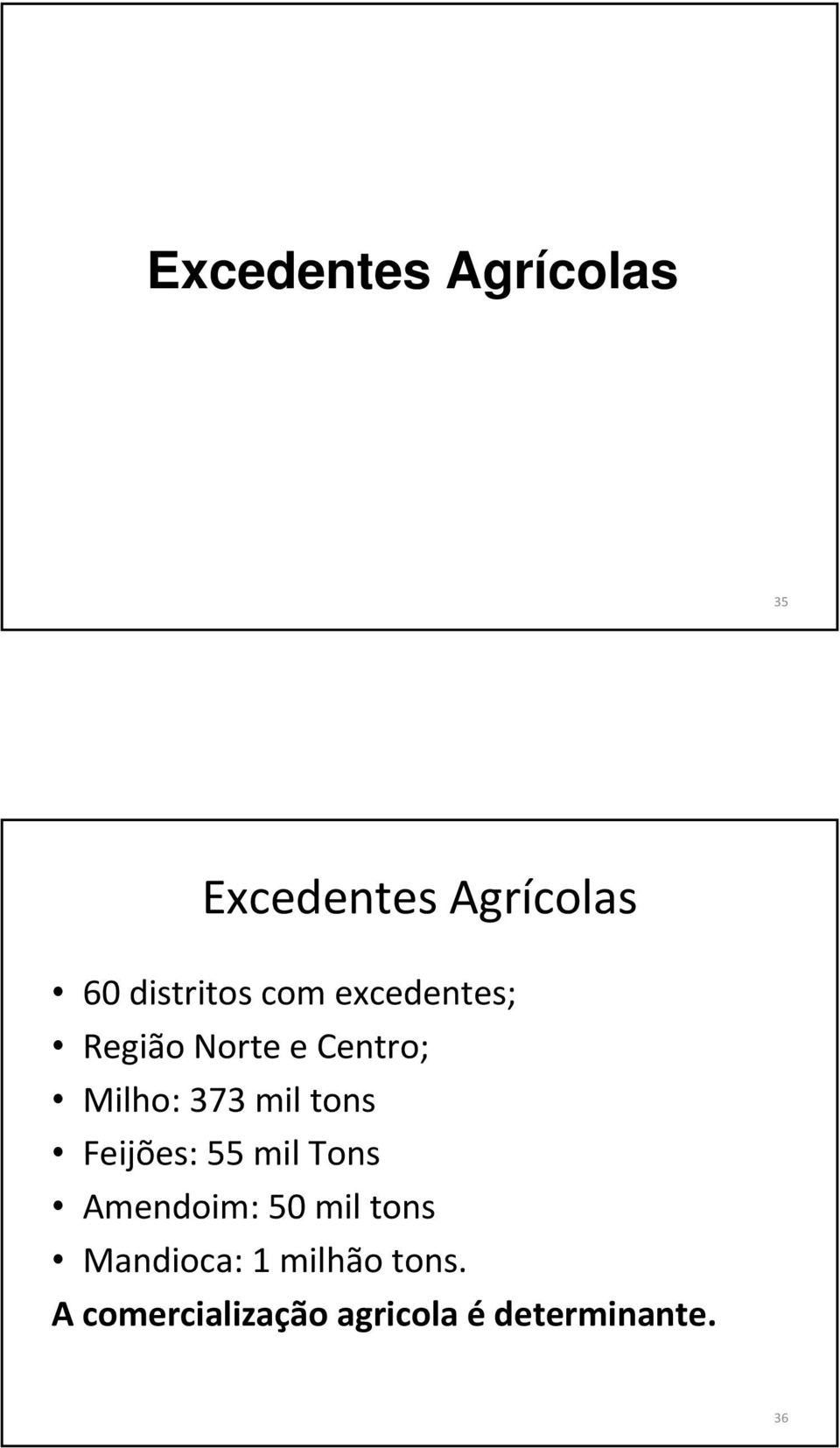 tons Feijões: 55 mil Tons Amendoim: 50 mil tons Mandioca: