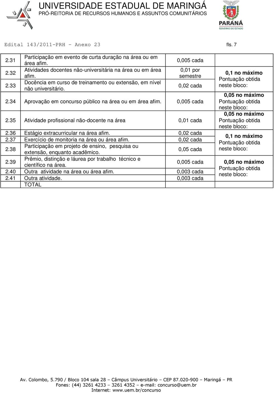 35 Atividade profissional não-docente na área 0,01 cada 2.36 Estágio extracurricular na área afim. 2.37 Exercício de monitoria na área ou área afim. 2.38 Participação em projeto de ensino, pesquisa ou extensão, enquanto acadêmico.