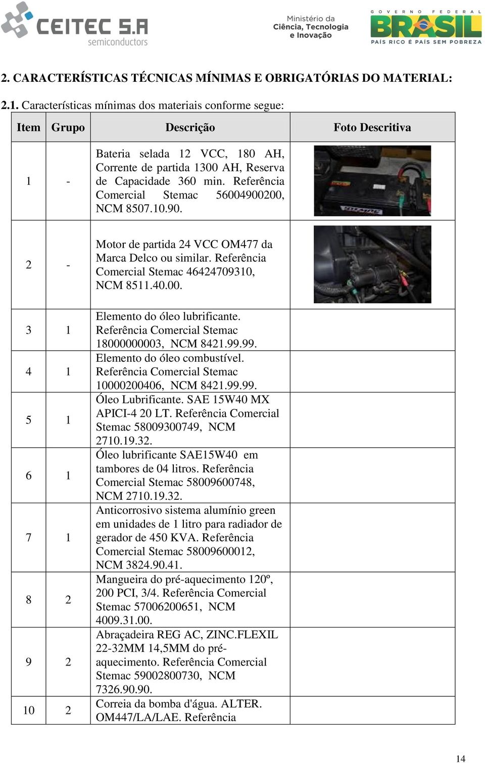 Referência Comercial Stemac 56004900200, NCM 8507.10.90. 2-3 1 4 1 5 1 6 1 7 1 8 2 9 2 10 2 Motor de partida 24 VCC OM477 da Marca Delco ou similar. Referência Comercial Stemac 46424709310, NCM 8511.