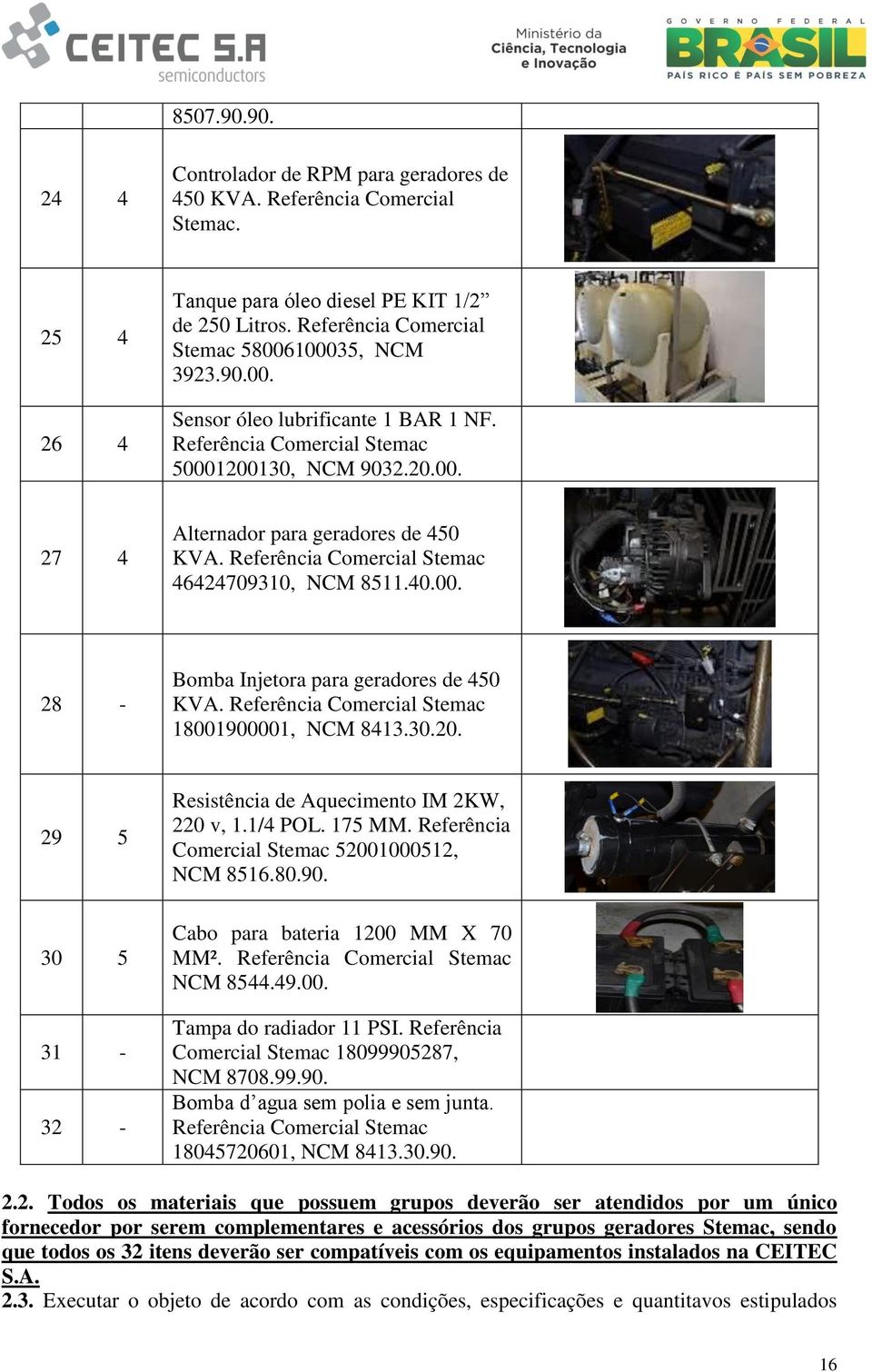 Referência Comercial Stemac 46424709310, NCM 8511.40.00. 28 - Bomba Injetora para geradores de 450 KVA. Referência Comercial Stemac 18001900001, NCM 8413.30.20.