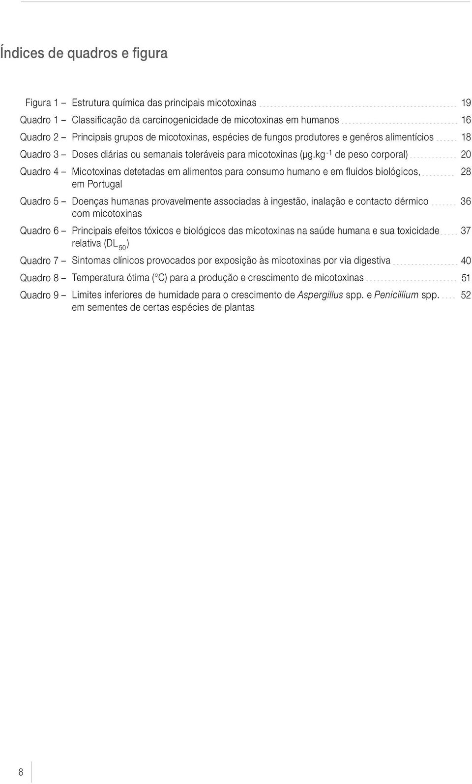 kg -1 de peso corporal) Quadro 4 Micotoxinas detetadas em alimentos para consumo humano e em fluidos biológicos, em Portugal Quadro 5 Doenças humanas provavelmente associadas à ingestão, inalação e