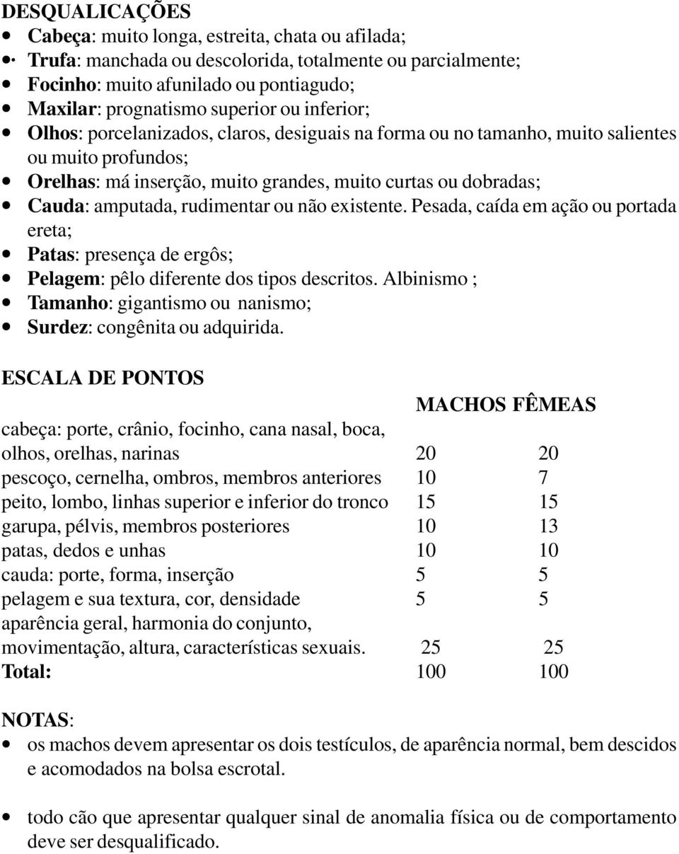 rudimentar ou não existente. Pesada, caída em ação ou portada ereta; Patas: presença de ergôs; Pelagem: pêlo diferente dos tipos descritos.