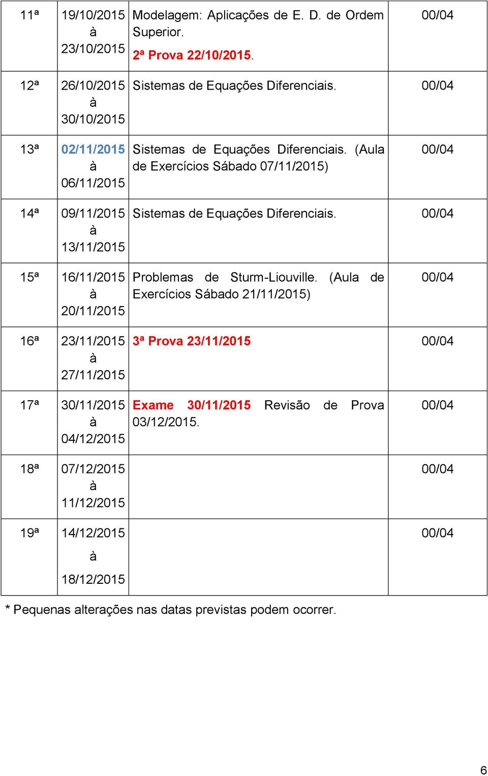 15ª 16/11/2015 20/11/2015 Problemas de Sturm-Liouville.