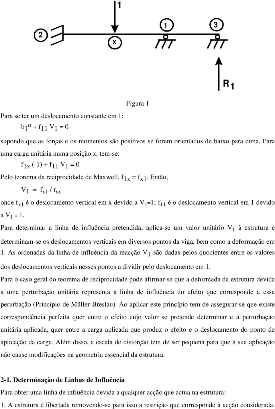 Então, V 1 = f x1 / f xx onde f x1 é o deslocamento vertical em x devido a V 1 =1; f 11 é o deslocamento vertical em 1 devido a V 1 = 1.